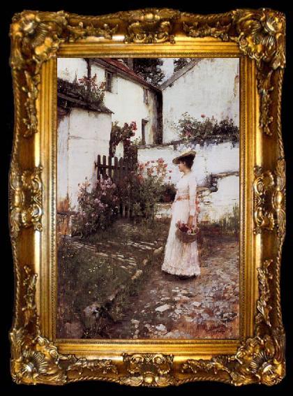 framed  John William Waterhouse Gathering Flowers in a Devonshire Garden, ta009-2